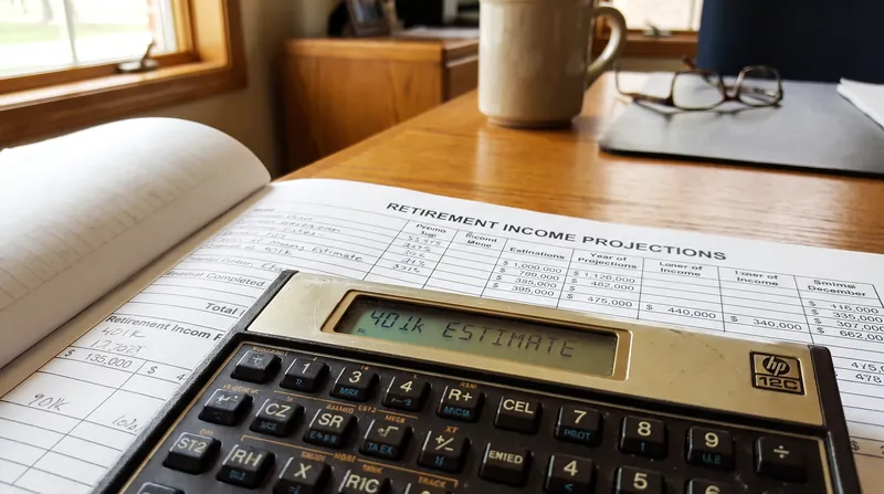 A financial calculator sitting on top of a printed ledger showing retirement savings projections.