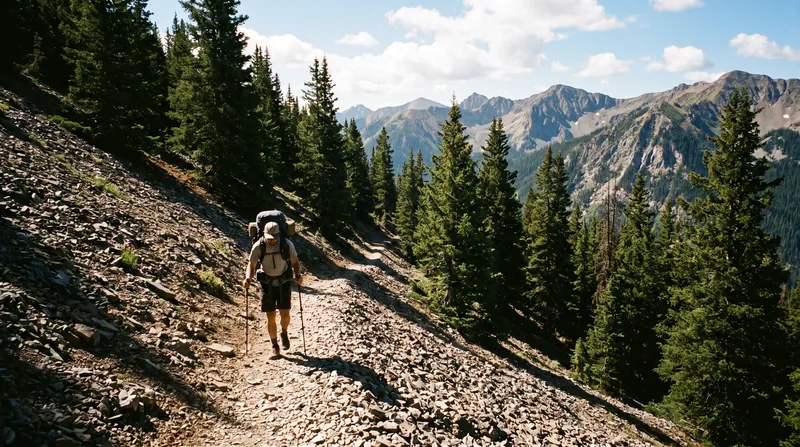 A hiker wearing a backpack walks down a steep, rocky mountain trail surrounded by pine trees.