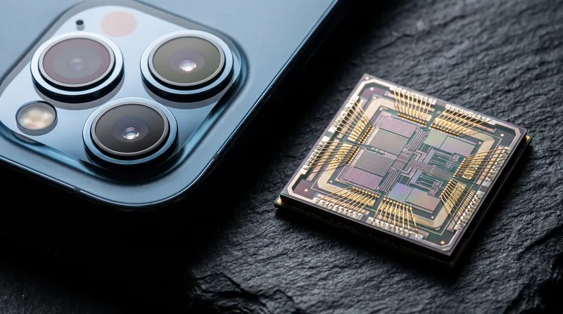 Extreme close-up of a modern smartphone camera lens array and internal microchip components on a dark surface.