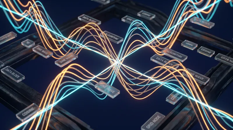 Abstract 3D rendering of glowing sine and cosine waves intersecting over a grid of text tokens.