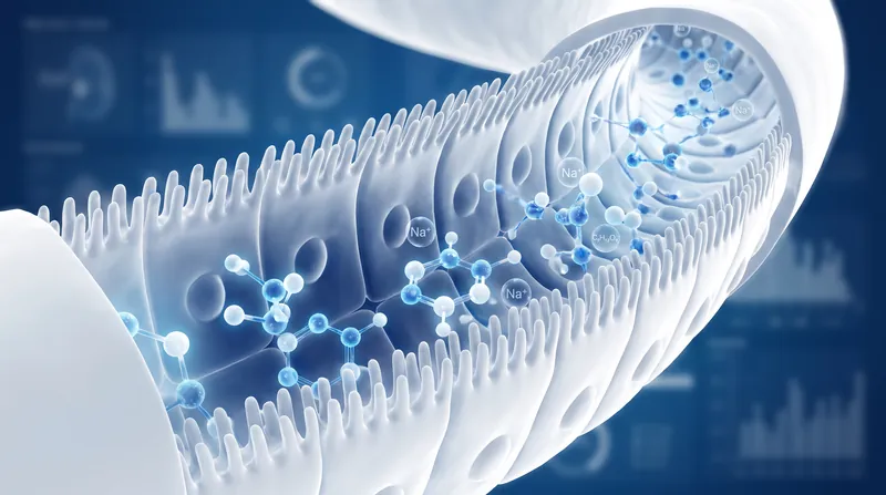 A 3D medical illustration showing the microscopic structure of a kidney nephron and the proximal tubule.