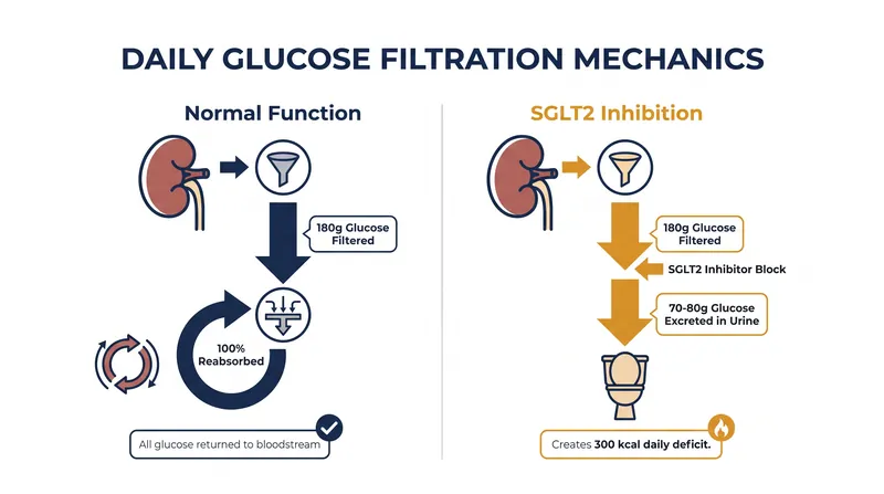 By blocking the SGLT2 transporter, the kidneys excrete up to 80 grams of glucose daily.