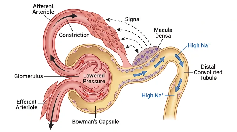 Increased sodium delivery to the macula densa triggers a constriction of the inflow vessel, protecting the kidney from high pressure.