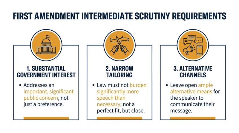 The three requirements a content-neutral law must meet to survive intermediate scrutiny.