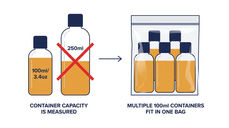 Under ICAO standards, security personnel measure the maximum capacity of the container, not the volume of liquid remaining inside.