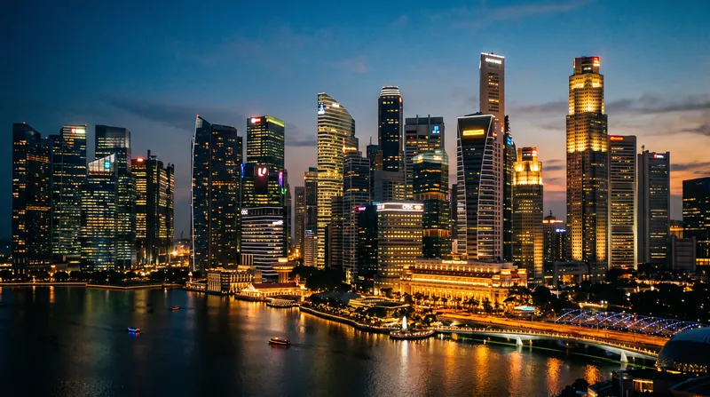 Modern premium office towers illuminated at dusk in the Singapore financial district.