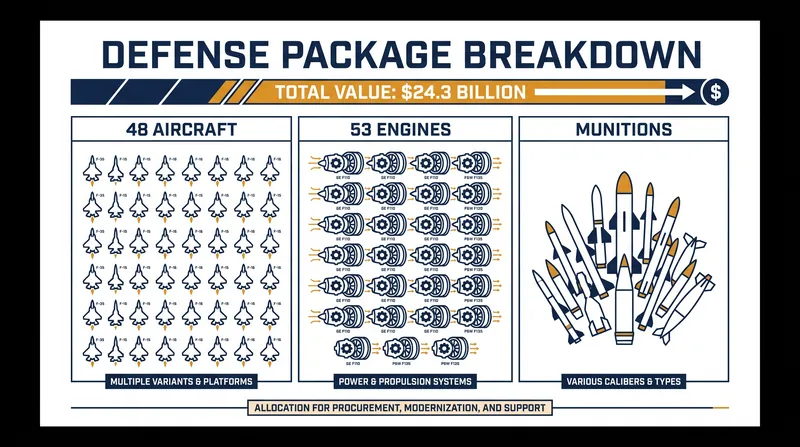 The $24.3 billion Foreign Military Sale includes 48 airframes, spare engines, and integrated electronic warfare suites.