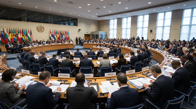 Wide shot of delegates reviewing documents in a formal assembly hall at a global development conference.