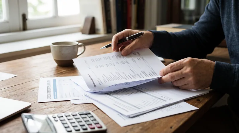 A person's hands reviewing printed financial documents and a credit report on a wooden desk.