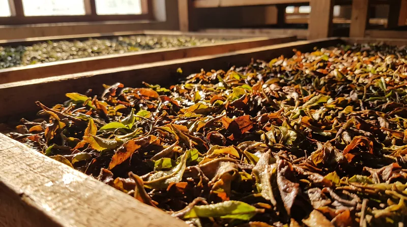 Close-up view of crushed tea leaves transitioning from green to copper and brown during the oxidation process.