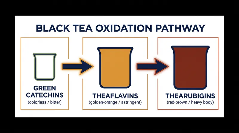 Polyphenol oxidase enzymes convert catechins into theaflavins, which then polymerize further into heavier thearubigins.