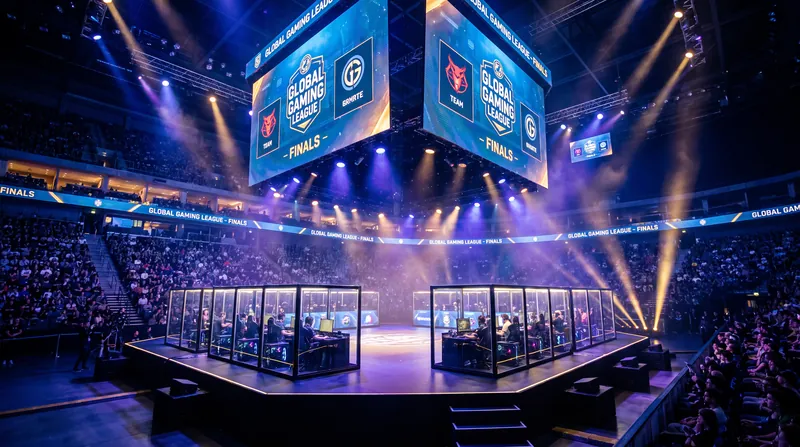 A brightly lit esports main stage inside a modern arena with soundproof glass booths for players.