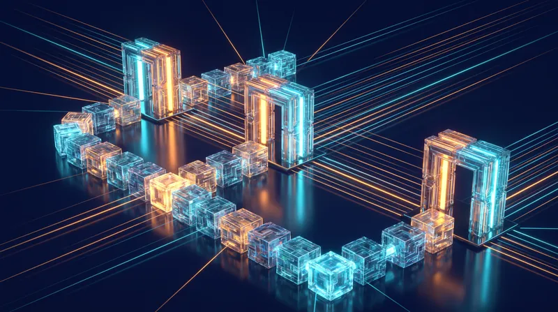A 3D rendering showing a timeline of glowing blocks with major structural pillars representing blockchain checkpoints.