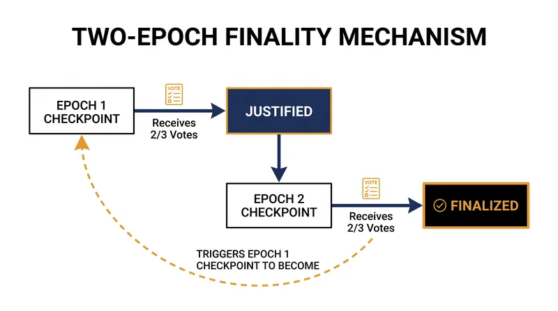 A checkpoint requires a subsequent justified checkpoint in the following epoch to achieve absolute finality.