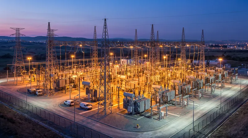 A large high-voltage electrical substation with transformers and transmission lines glowing at dusk.
