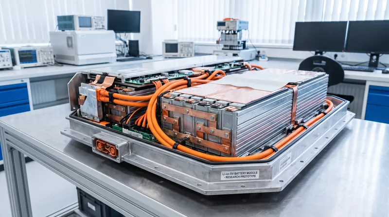 An opened electric vehicle battery pack showing metallic cell modules, orange cables, and thermal barriers.
