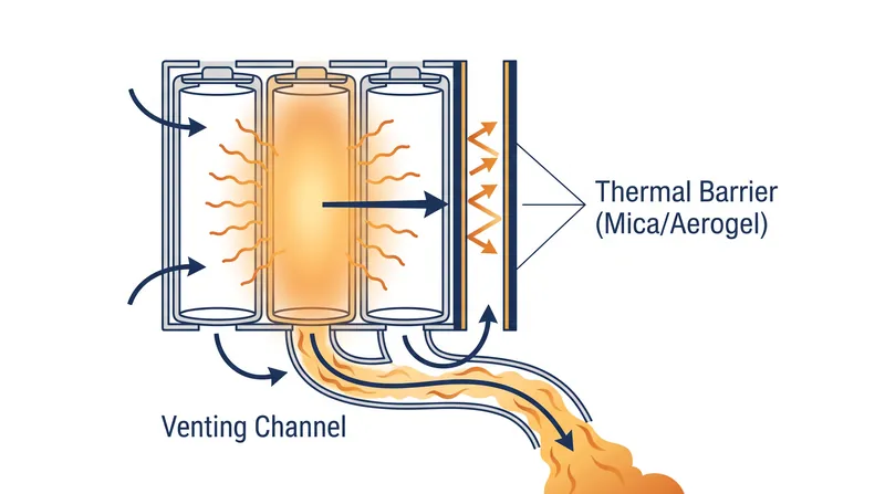 Thermal barriers block heat transfer between adjacent cells, while venting channels safely route expanding gases out of the pack.