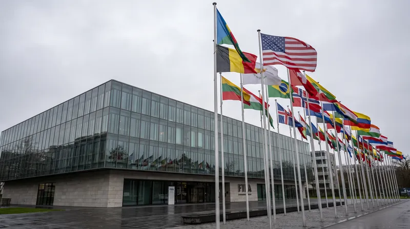 The exterior of the FIFA headquarters building in Zurich with international flags flying.