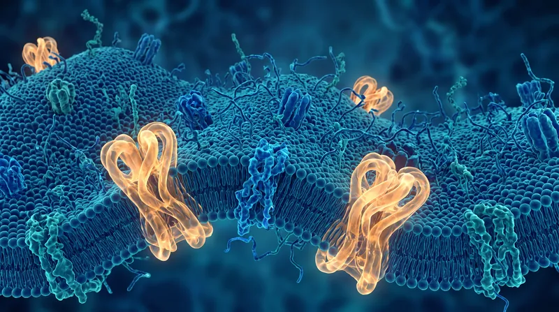 A 3D rendering of a bacterial cell surface showing complex protein structures and efflux pumps embedded in a lipid membrane.