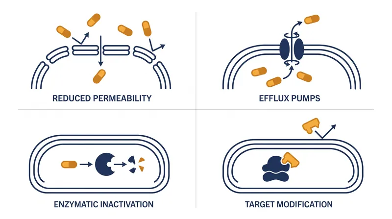 The four primary biochemical mechanisms bacteria use to evade antibiotics.