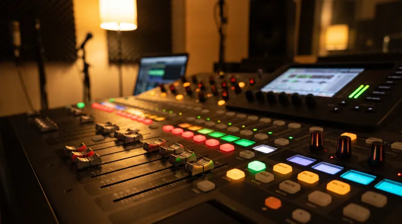 A close-up view of a professional audio mixing console with illuminated buttons and faders in a recording studio.