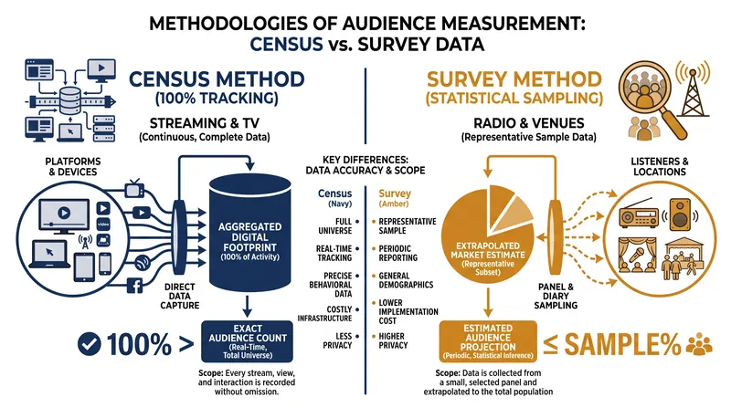 The structural difference between exact census tracking and statistical survey sampling.