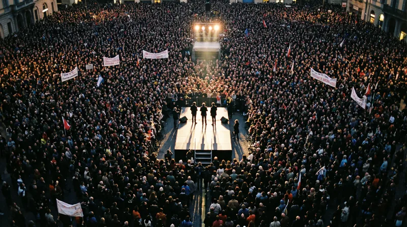 A vast crowd of people looking up toward a small, elevated stage occupied by a few figures.