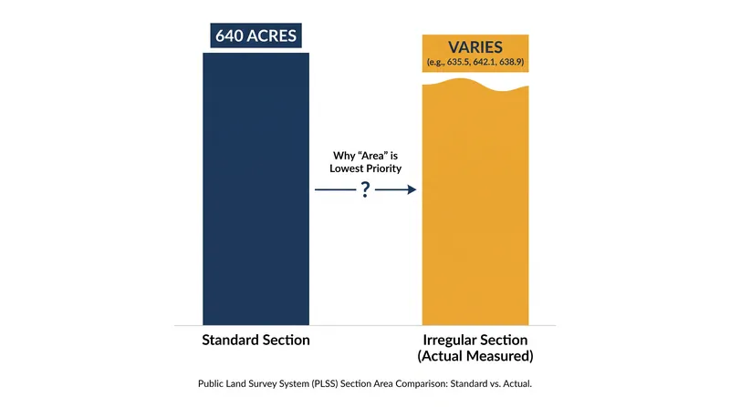 Because physical boundaries dictate the final shape of a parcel, actual acreage frequently deviates from the 640-acre standard.