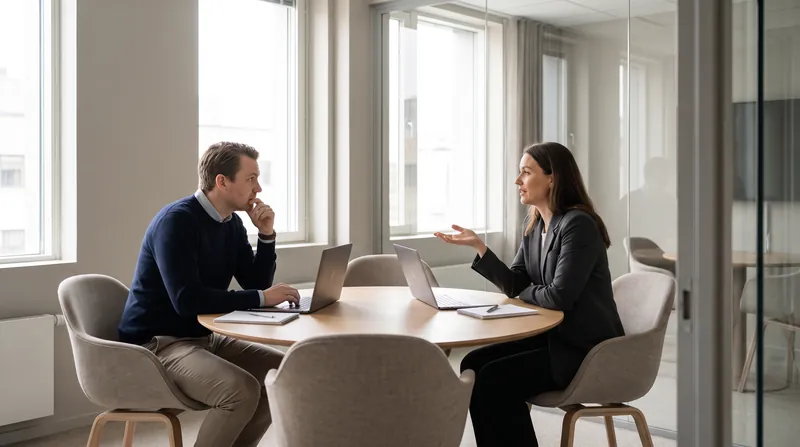 Two professionals sitting across from each other at a small table in a modern office, engaged in a calm and focused conversation.