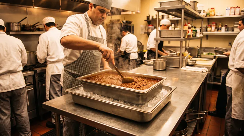 A chef in a commercial kitchen stirs a shallow metal pan of hot food resting inside a larger ice-water bath.