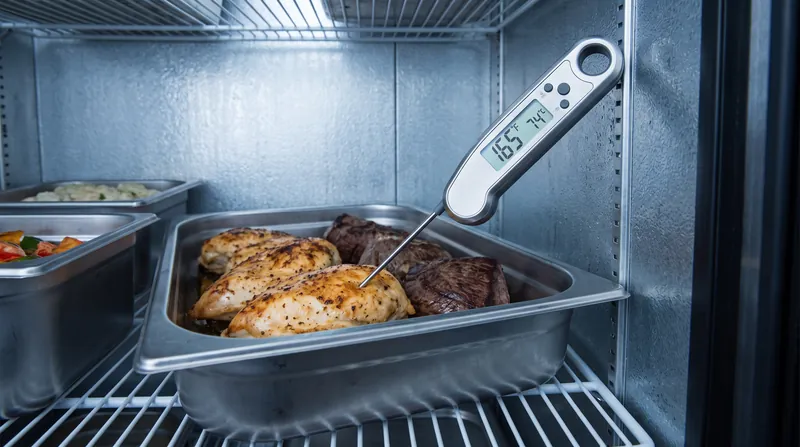 Health inspectors and kitchen managers rely on digital probe thermometers to verify that food hits the 70°F checkpoint on time.