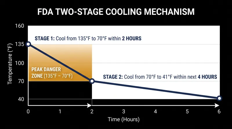 The FDA Food Code requires food to pass through the highest-risk temperature window within two hours.