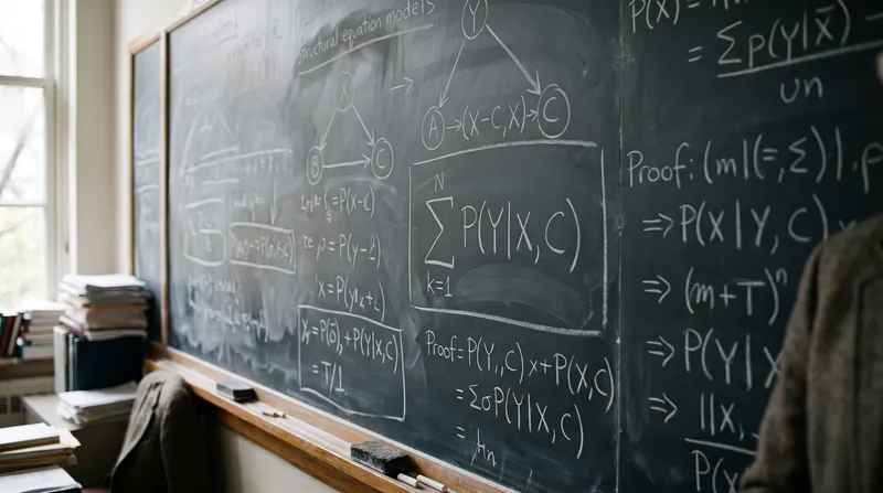 A complex mathematical chalkboard filled with causal inference equations, probability notations, and directed acyclic graphs.