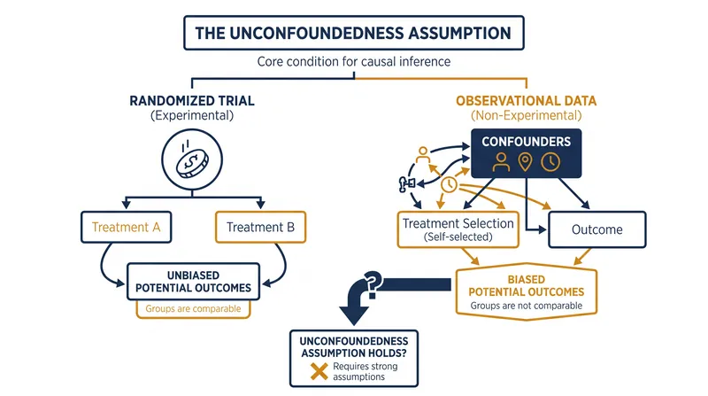 Unlike randomized trials, observational studies require researchers to manually adjust for all variables that influence both treatment and outcome.