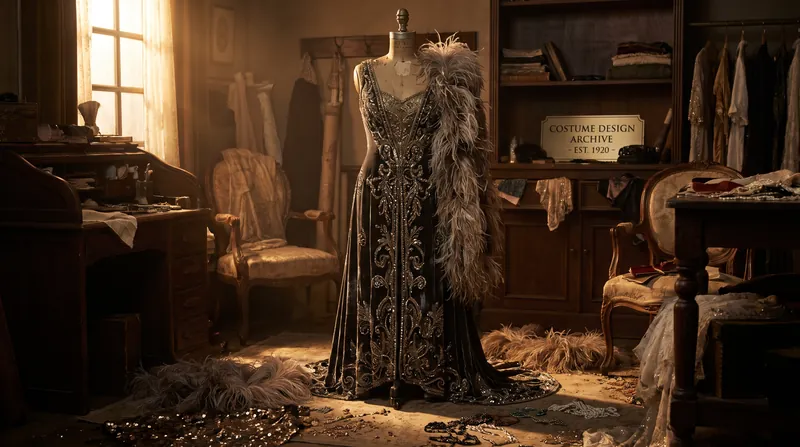A glittering, heavily beaded vintage gown displayed on a dress form in a dimly lit studio.