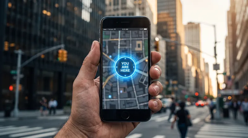 Close-up of a hand holding a smartphone displaying a digital map with a blue location dot against a blurred city street.