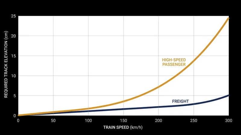 The required bank angle increases exponentially with speed, creating a geometric conflict on mixed-use corridors.