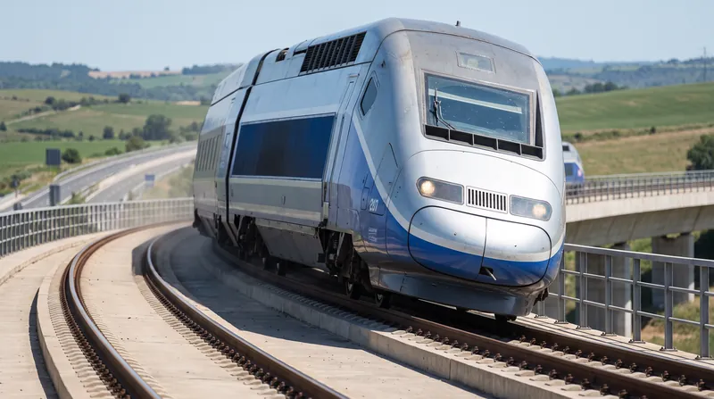 A passenger train leaning inward as it navigates a banked curve on a railway track.
