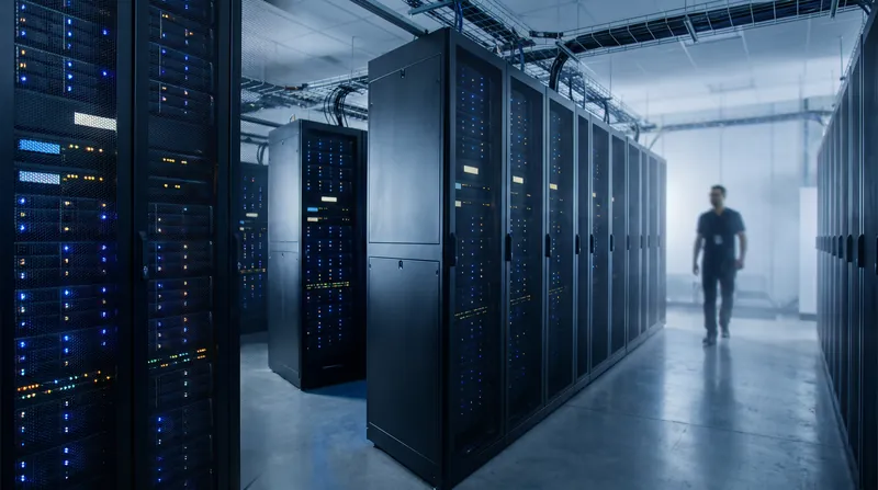 Rows of illuminated computer servers in a dark data center representing an electronic stock exchange matching engine.