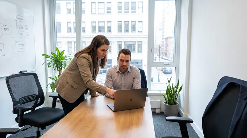A mentor and a new employee sit together at a desk in a bright office, looking at a laptop screen.