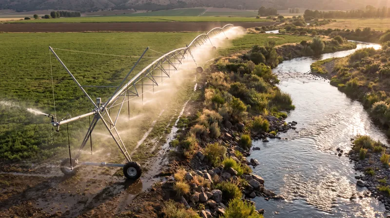 A modern agricultural irrigation system spraying water over a field next to a natural river.
