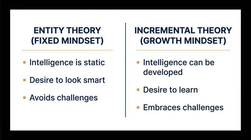 The core differences in goal orientation between the entity and incremental theories of intelligence.