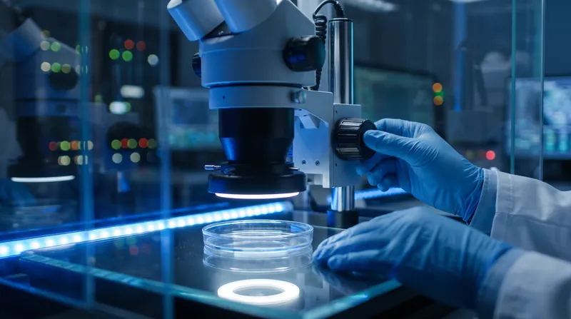 A laboratory microscope illuminated in blue and white light with gloved hands adjusting the lens.