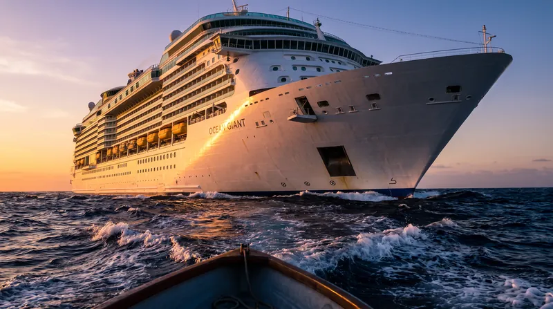 A massive white cruise ship navigating through deep blue ocean swells under bright sunlight.