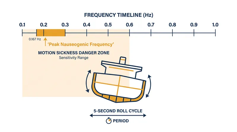 The human vestibular system is most vulnerable to motion sickness at a frequency of 0.2 Hertz, or one cycle every five seconds.