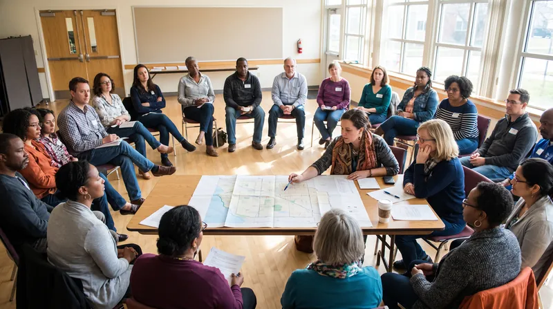 A diverse group of neighborhood residents sitting in a circle around a map during a community meeting.