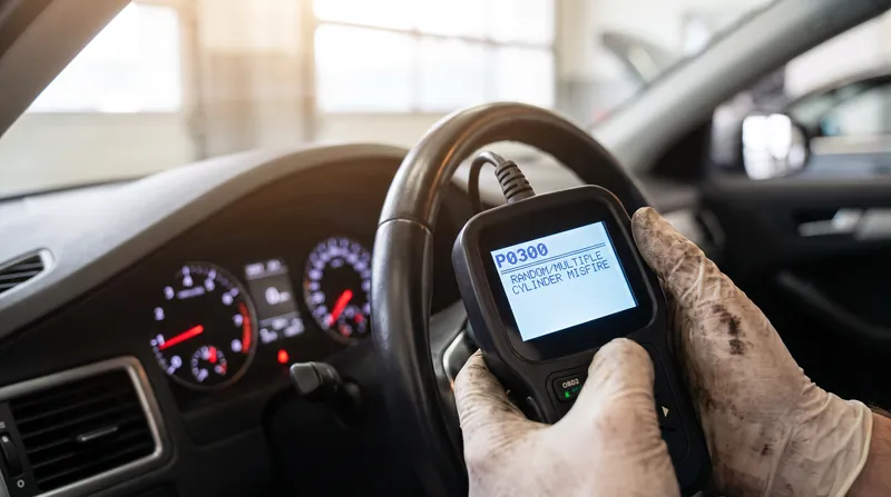 A mechanic's hand holds an illuminated OBD2 diagnostic scanner displaying a P0300 code in front of a car dashboard.