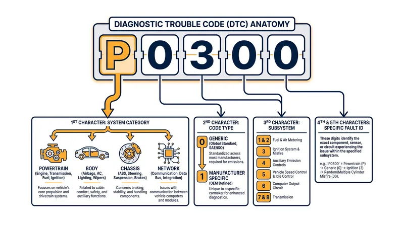 The first letter of every OBD-II code categorizes the fault into one of four primary vehicle systems.