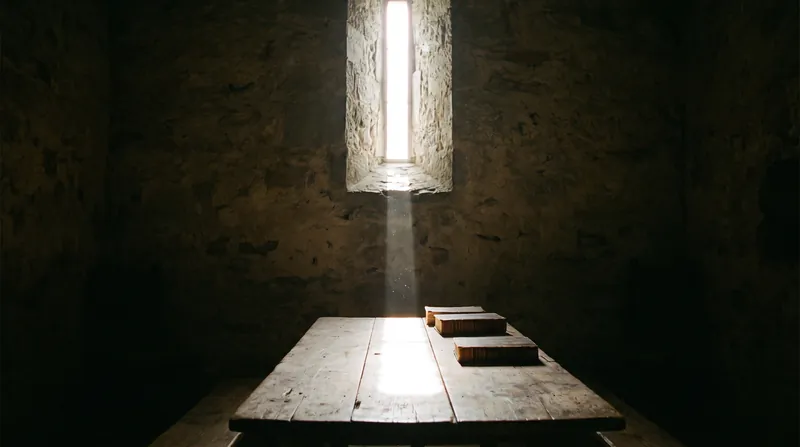 A conceptual photograph showing a bright window casting a narrow band of light into a dark room.