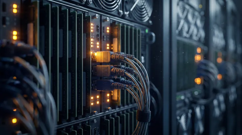 Close-up view of a glowing server rack in a dark data center, highlighting memory modules.